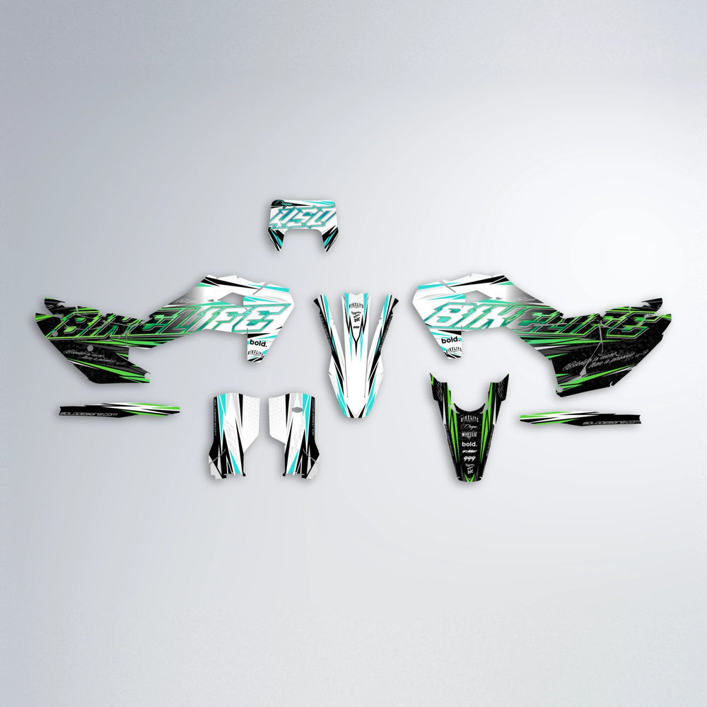 DEEPE V2 Husqvarna FE/TE graphics kit parts layout in Cyan & Green
