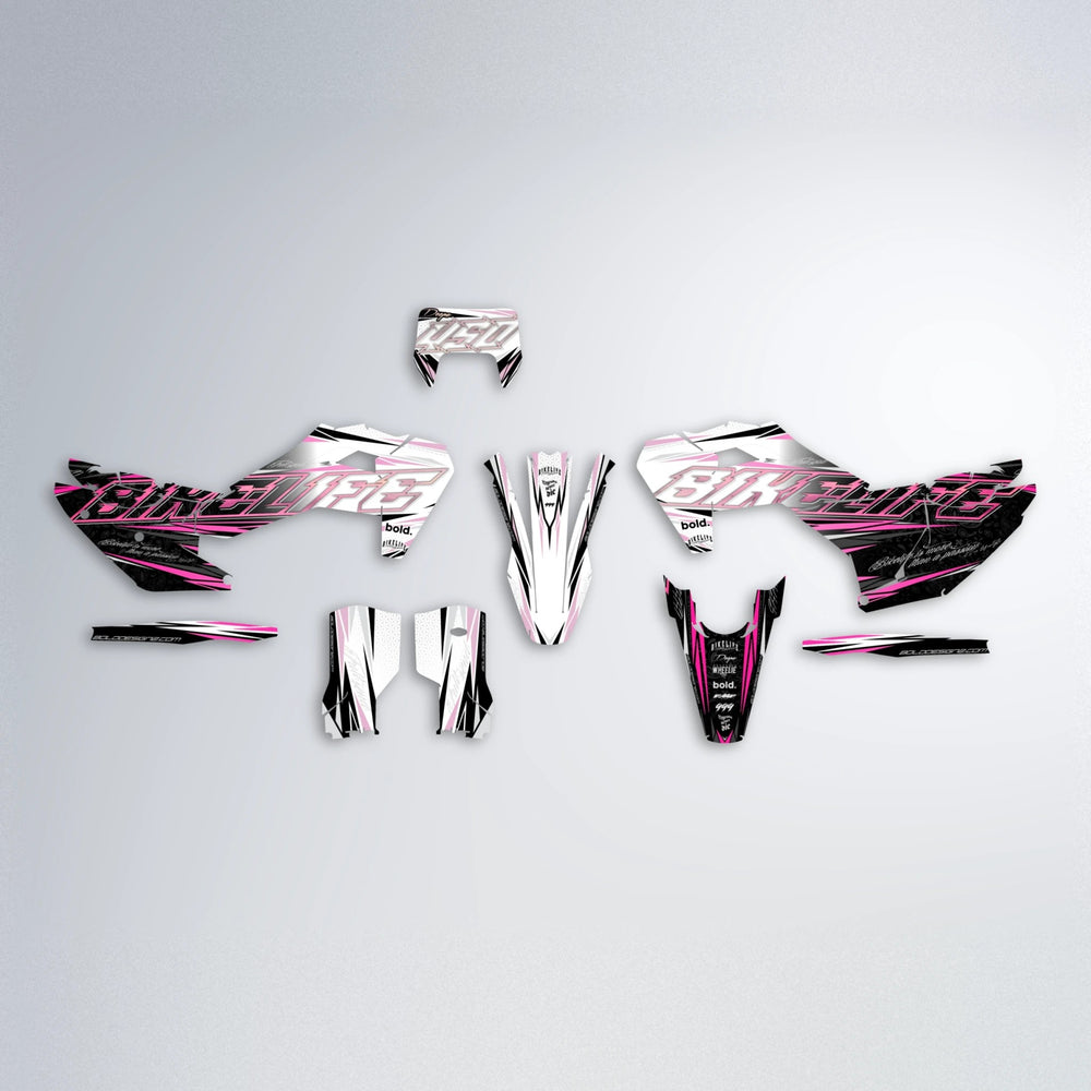 DEEPE V2 Husqvarna FE/TE graphics kit parts layout in Flamingo
