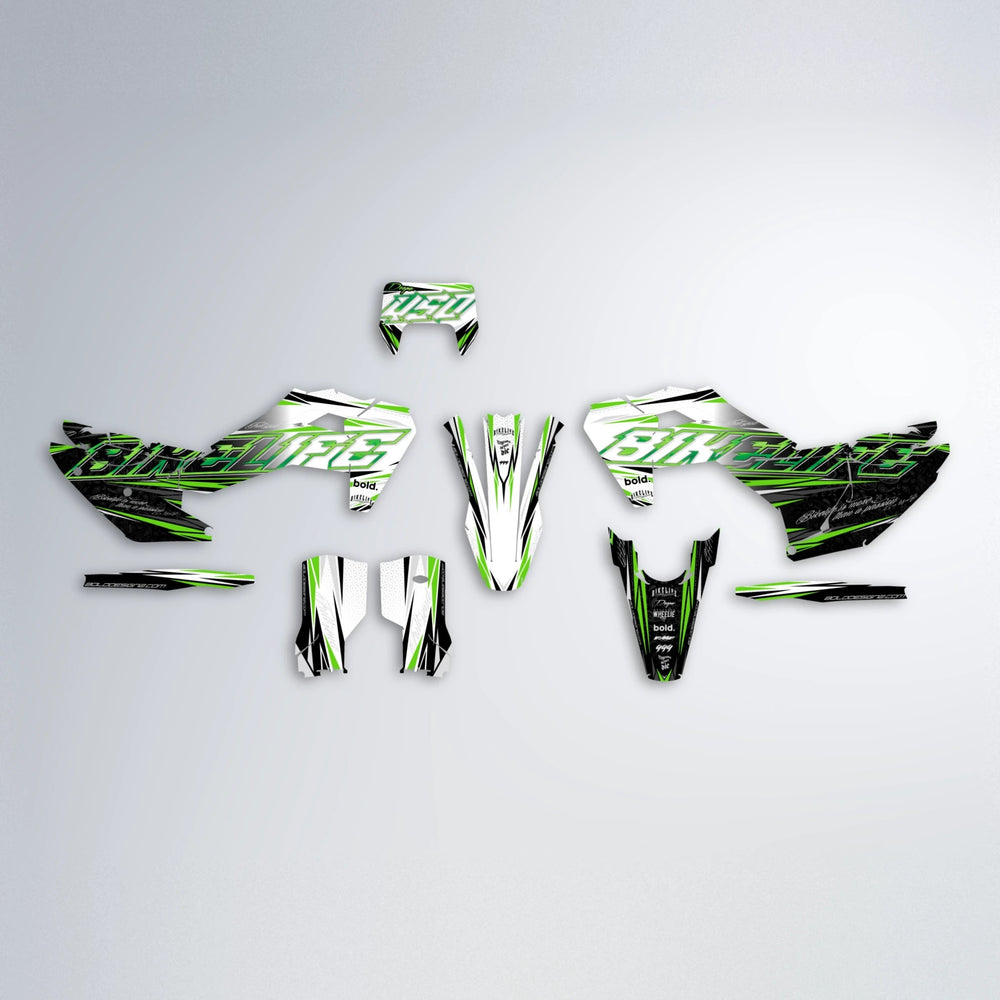 DEEPE V2 Husqvarna FE/TE graphics kit parts layout in Green
