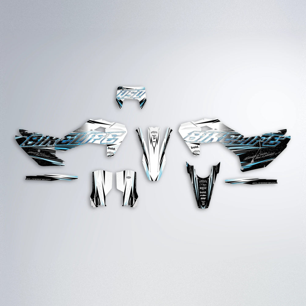 DEEPE V2 Husqvarna FE/TE graphics kit parts layout in Light Blue & White