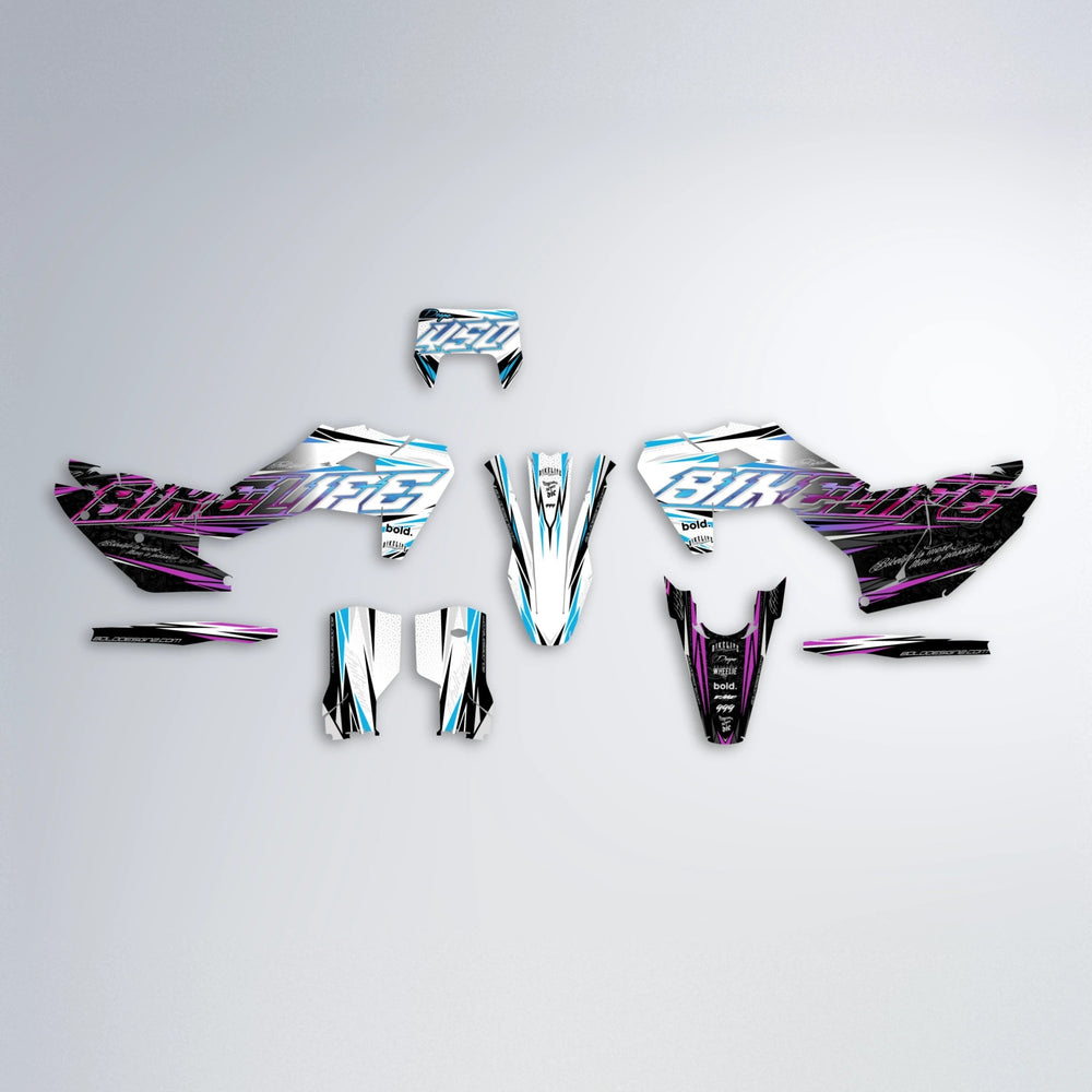 DEEPE V2 Husqvarna FE/TE graphics kit parts layout in Pink & Light Blue
