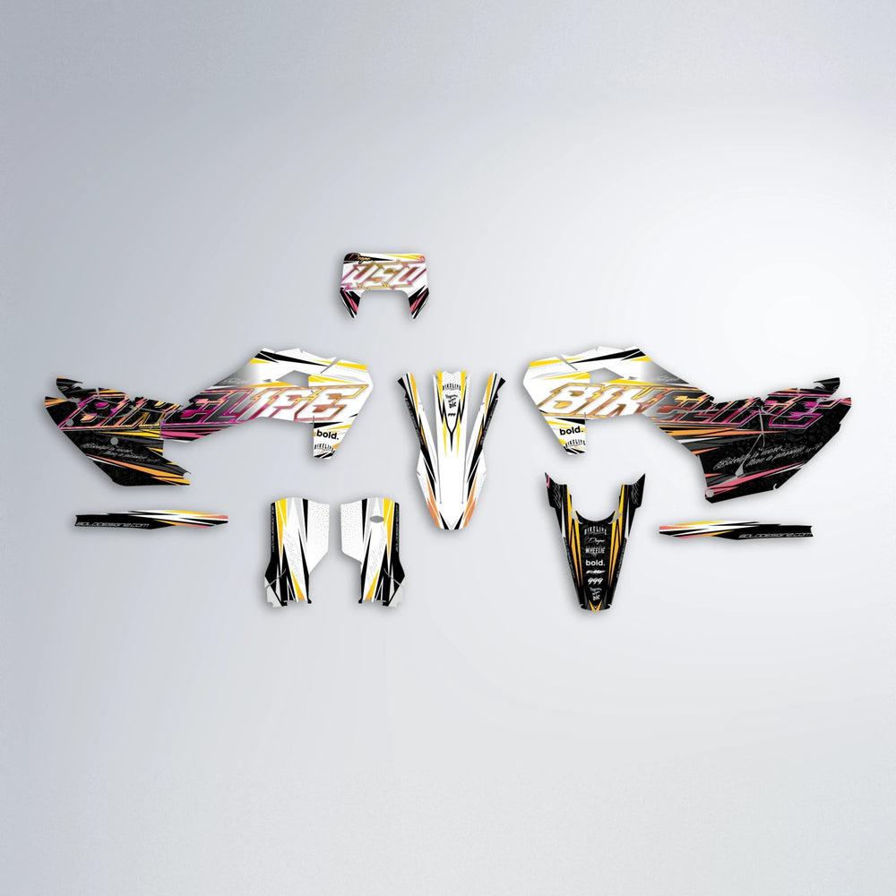 DEEPE V2 Husqvarna FE/TE graphics kit parts layout in Pink & Yellow