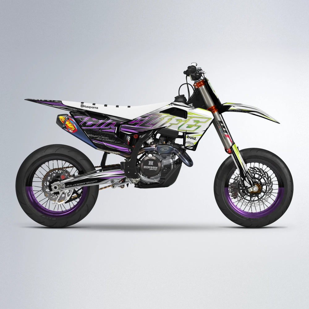 DEEPE V2 Husqvarna FE/TE supermoto graphics kit in Purple & Yellow