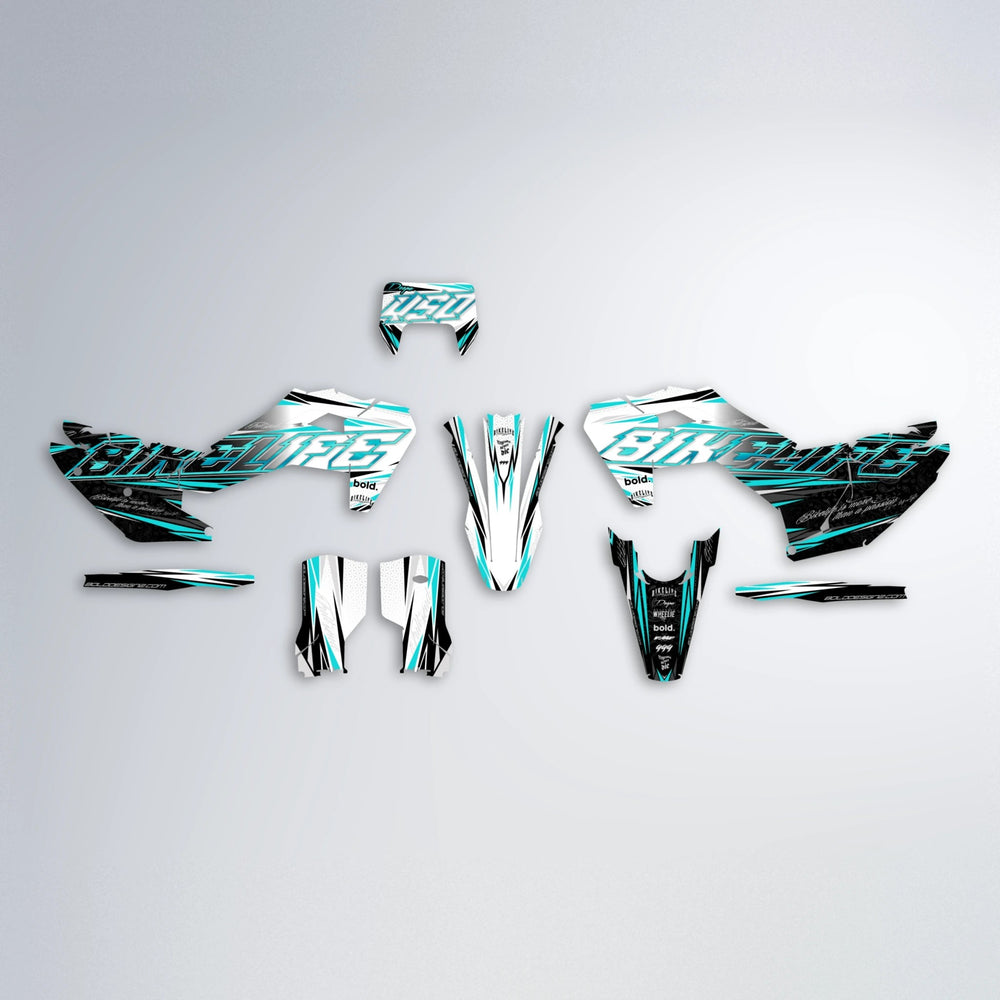 DEEPE V2 Husqvarna FE/TE graphics kit parts layout in Teal