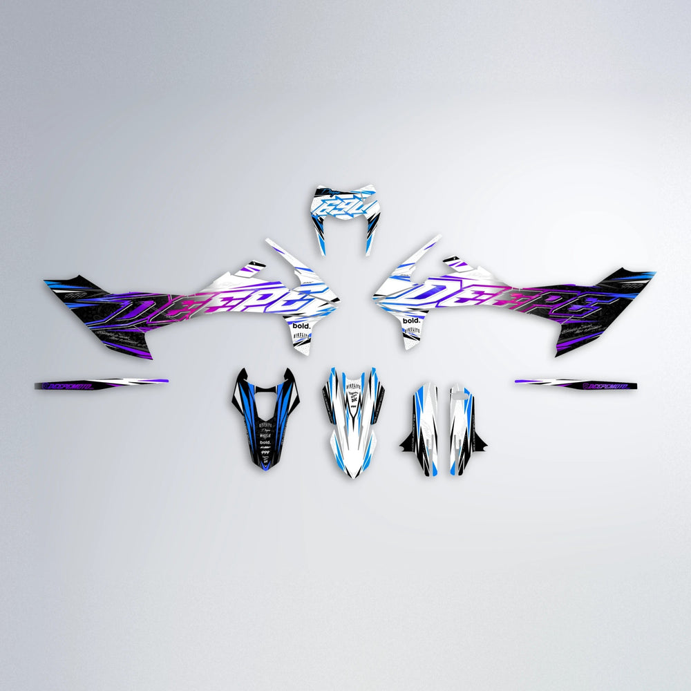 DEEPE V2 KTM SMC 690 graphics kit parts layout in Blue Purple Fade