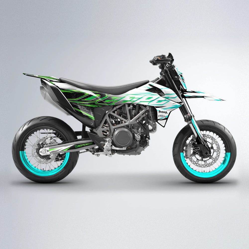 DEEPE V2 KTM SMC 690 supermoto graphics kit in Cyan & Green