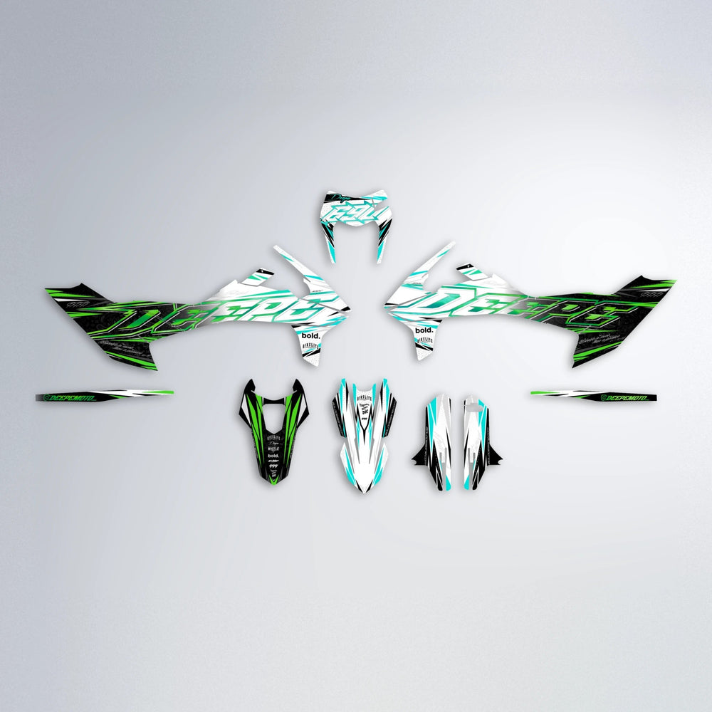 DEEPE V2 KTM SMC 690 graphics kit parts layout in Cyan & Green