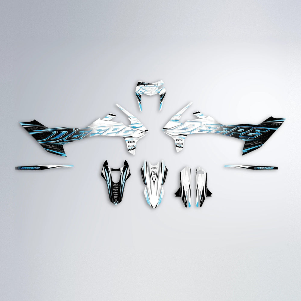 DEEPE V2 KTM SMC 690 graphics kit parts layout in Light Blue & White