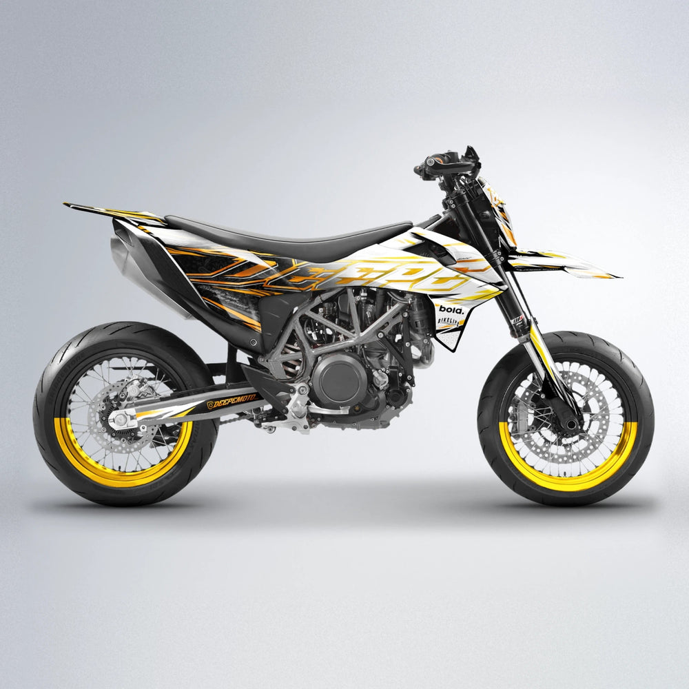 DEEPE V2 KTM SMC 690 supermoto graphics kit in Orange & Yellow