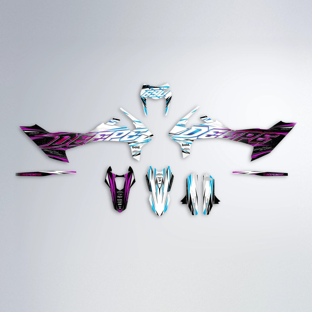 DEEPE V2 KTM SMC 690 graphics kit parts layout in Pink & Light Blue