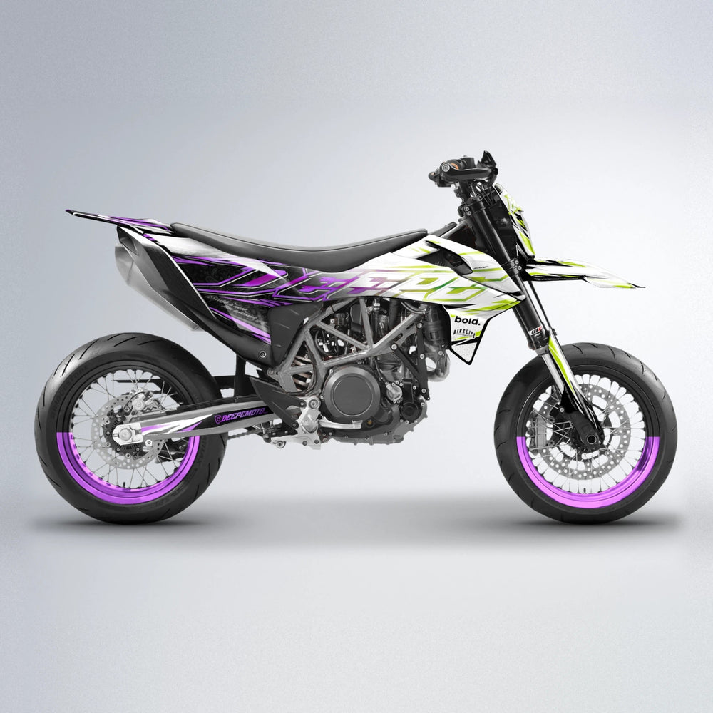 DEEPE V2 KTM SMC 690 supermoto graphics kit in Purple & Yellow