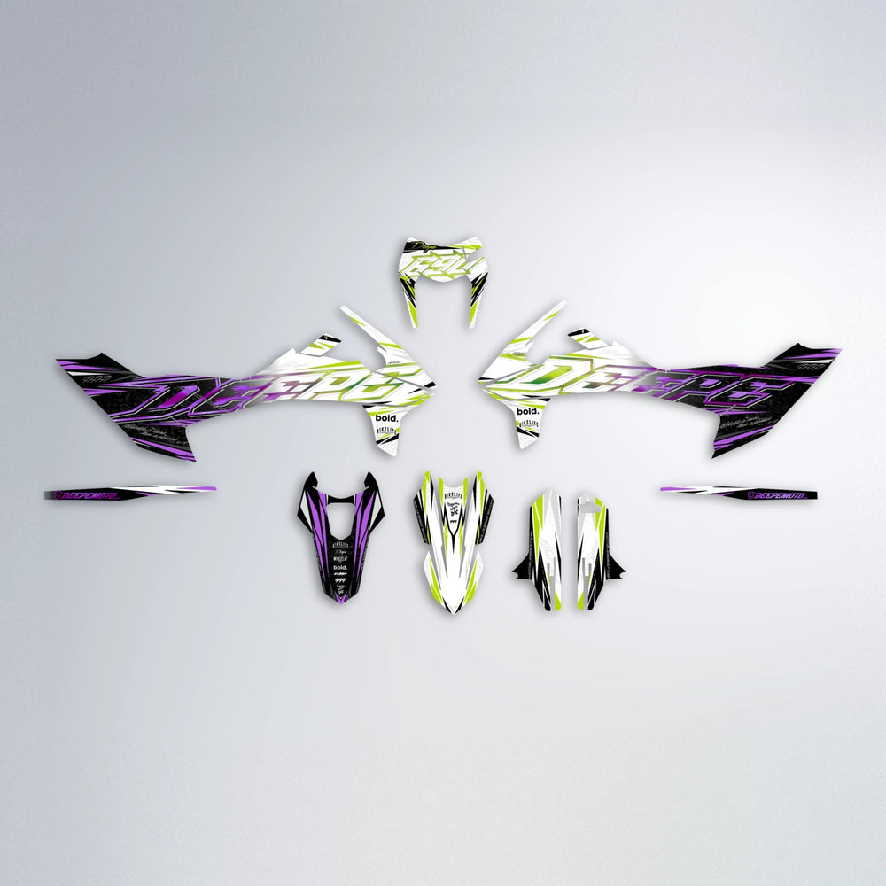 DEEPE V2 KTM SMC 690 graphics kit parts layout in Purple & Yellow