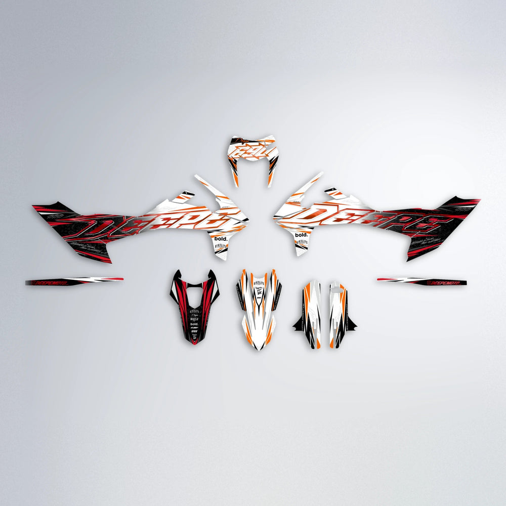 DEEPE V2 KTM SMC 690 graphics kit parts layout in Red & Orange