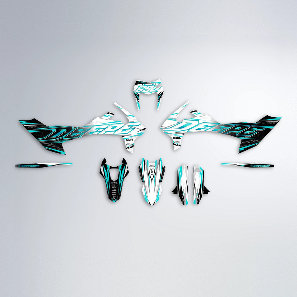 DEEPE V2 KTM SMC 690 graphics kit parts layout in Teal