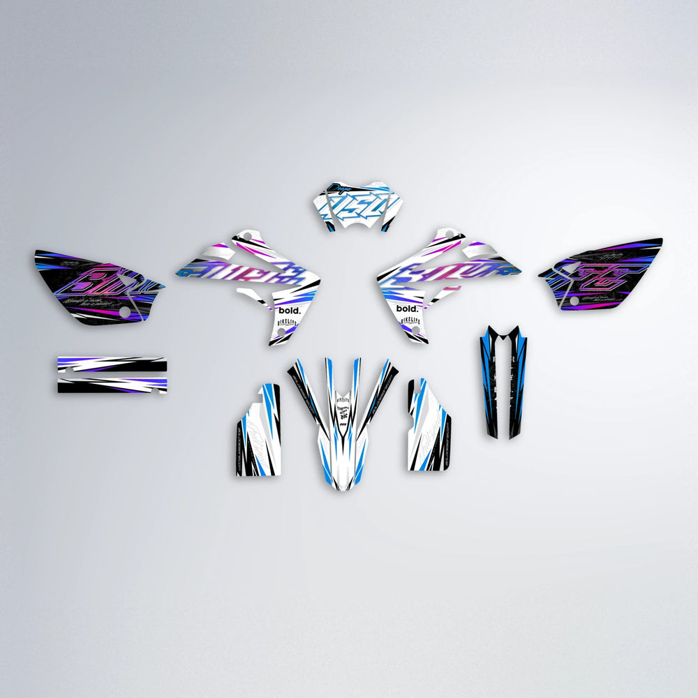 DEEPE V2 Rieju MRT graphics kit parts layout in Blue Purple Fade