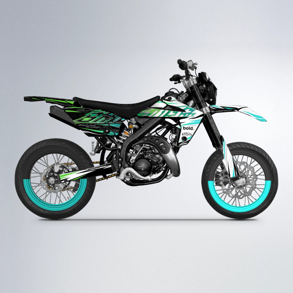 DEEPE V2 Rieju MRT supermoto graphics kit in Cyan & Green