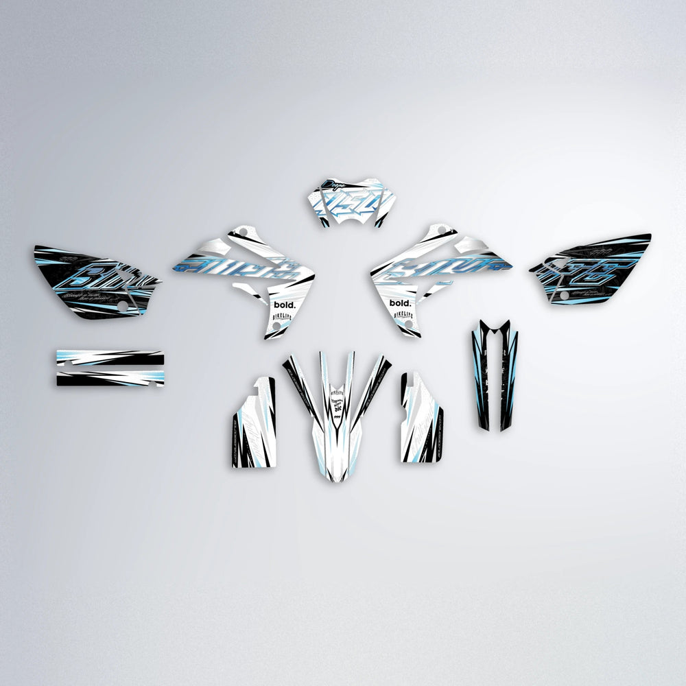 DEEPE V2 Rieju MRT graphics kit parts layout in Light Blue & White