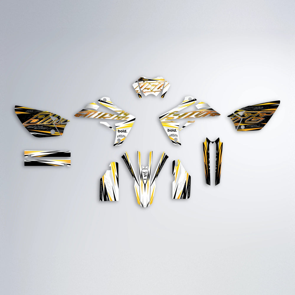 DEEPE V2 Rieju MRT graphics kit parts layout in Orange & Yellow
