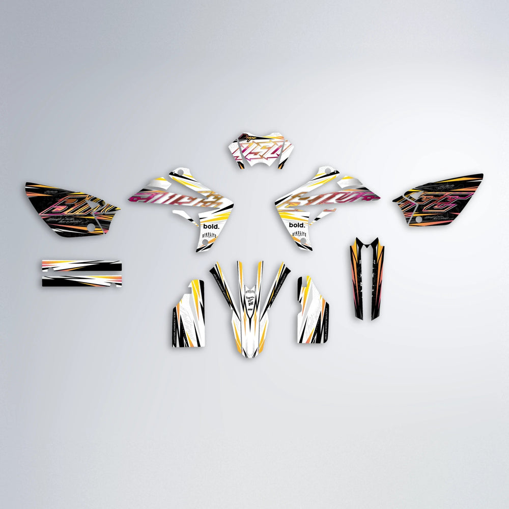 DEEPE V2 Rieju MRT graphics kit parts layout in Pink & Yellow