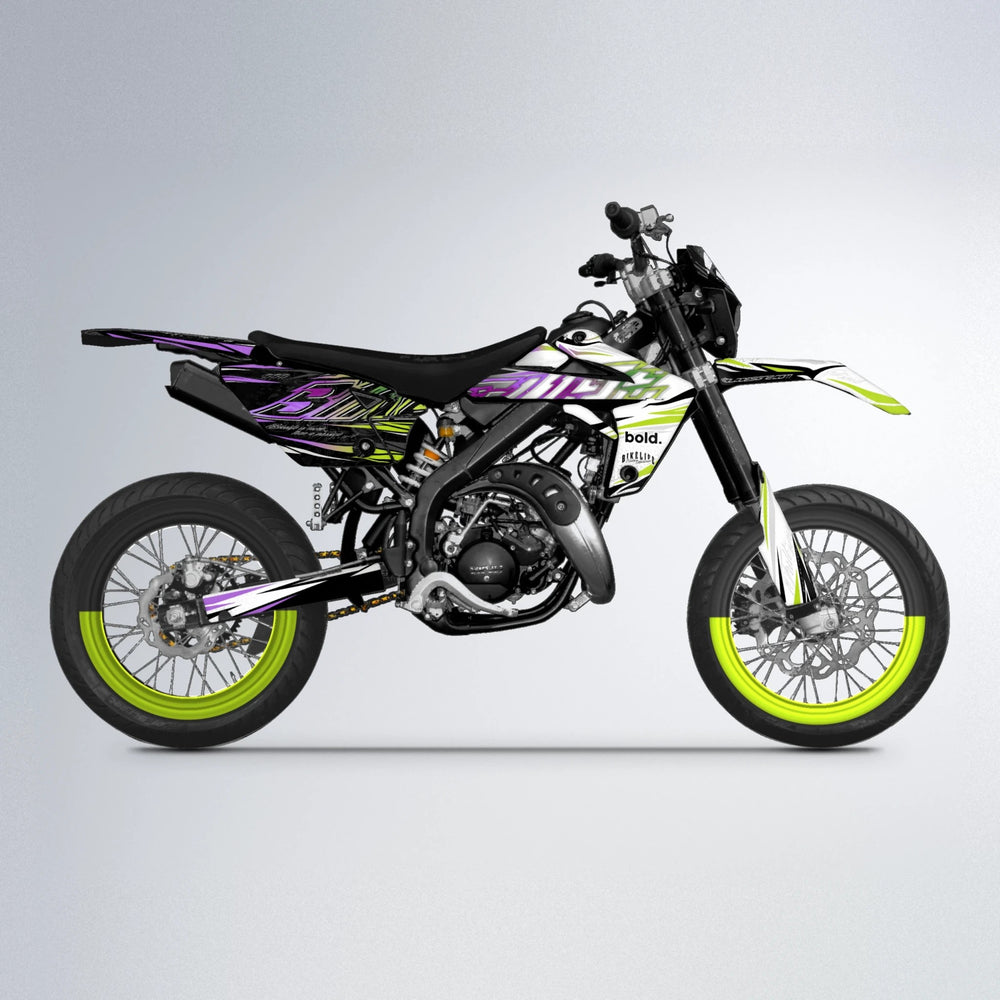 DEEPE V2 Rieju MRT supermoto graphics kit in Purple & Yellow