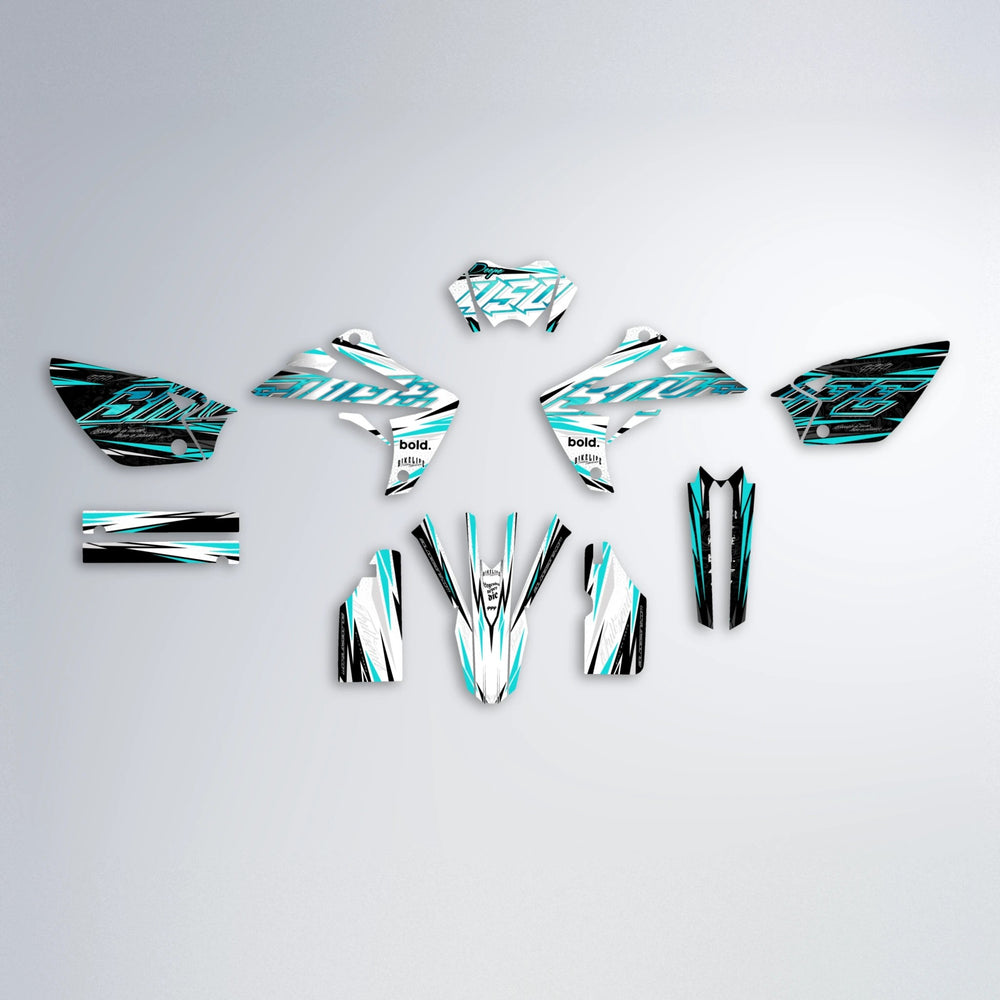 DEEPE V2 Rieju MRT graphics kit parts layout in Teal