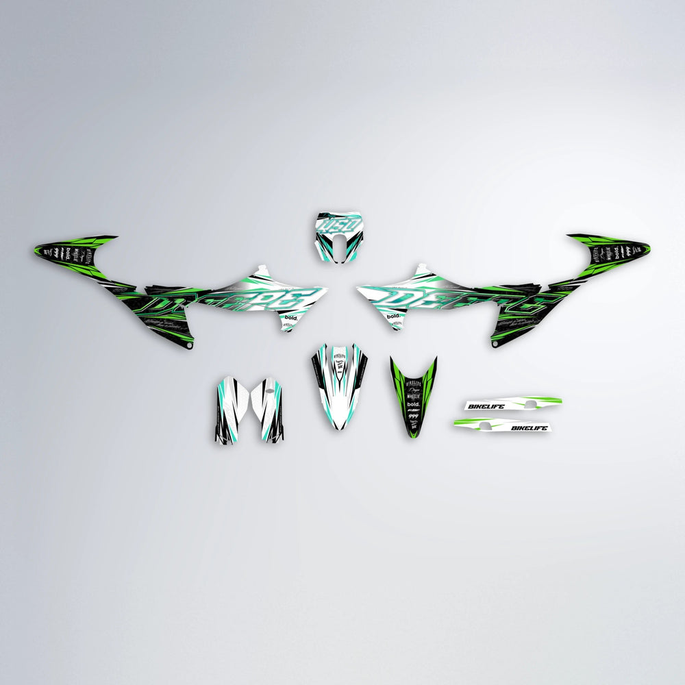 DEEPE V2 Stark Varg MX graphics kit parts layout in Cyan & Green