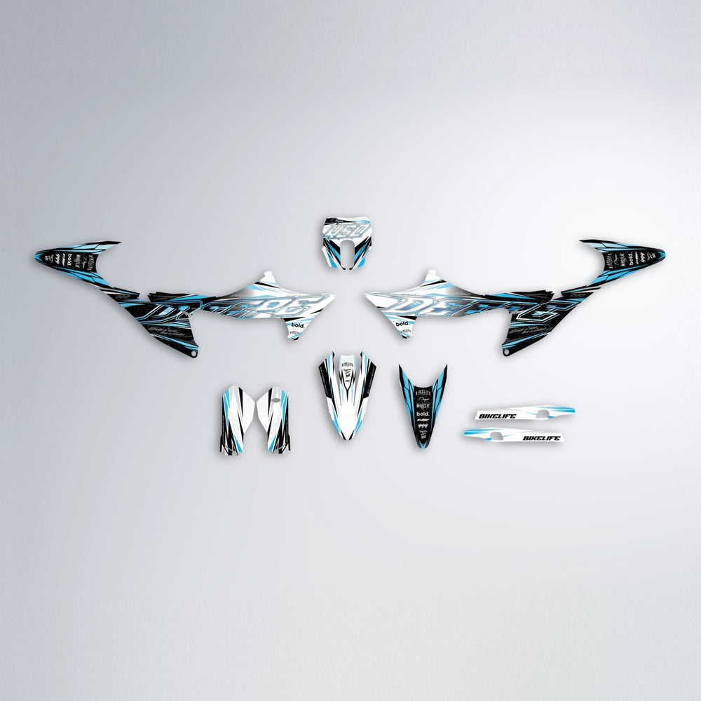 DEEPE V2 Stark Varg MX graphics kit parts layout in Light Blue & White
