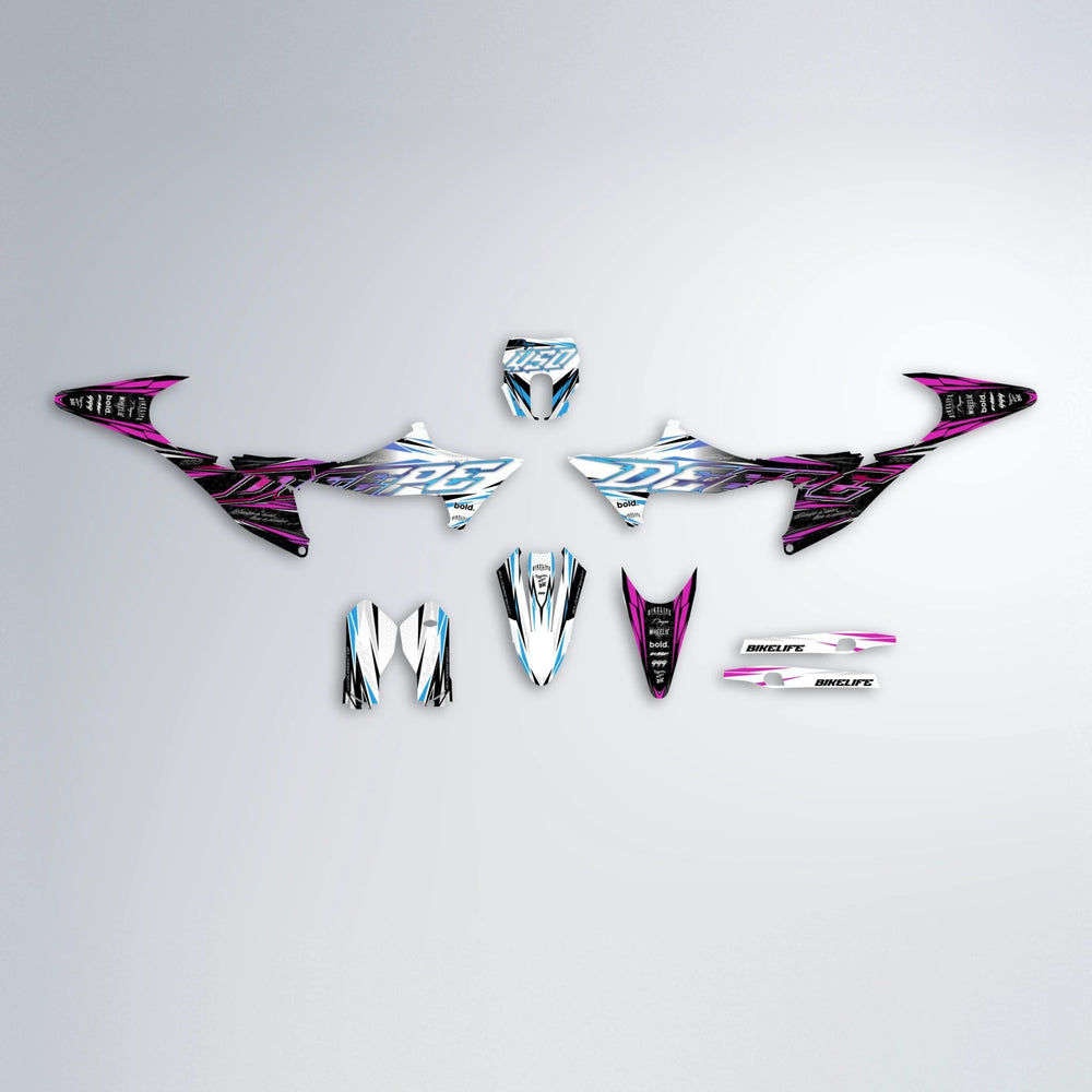 DEEPE V2 Stark Varg MX graphics kit parts layout in Pink & Light Blue