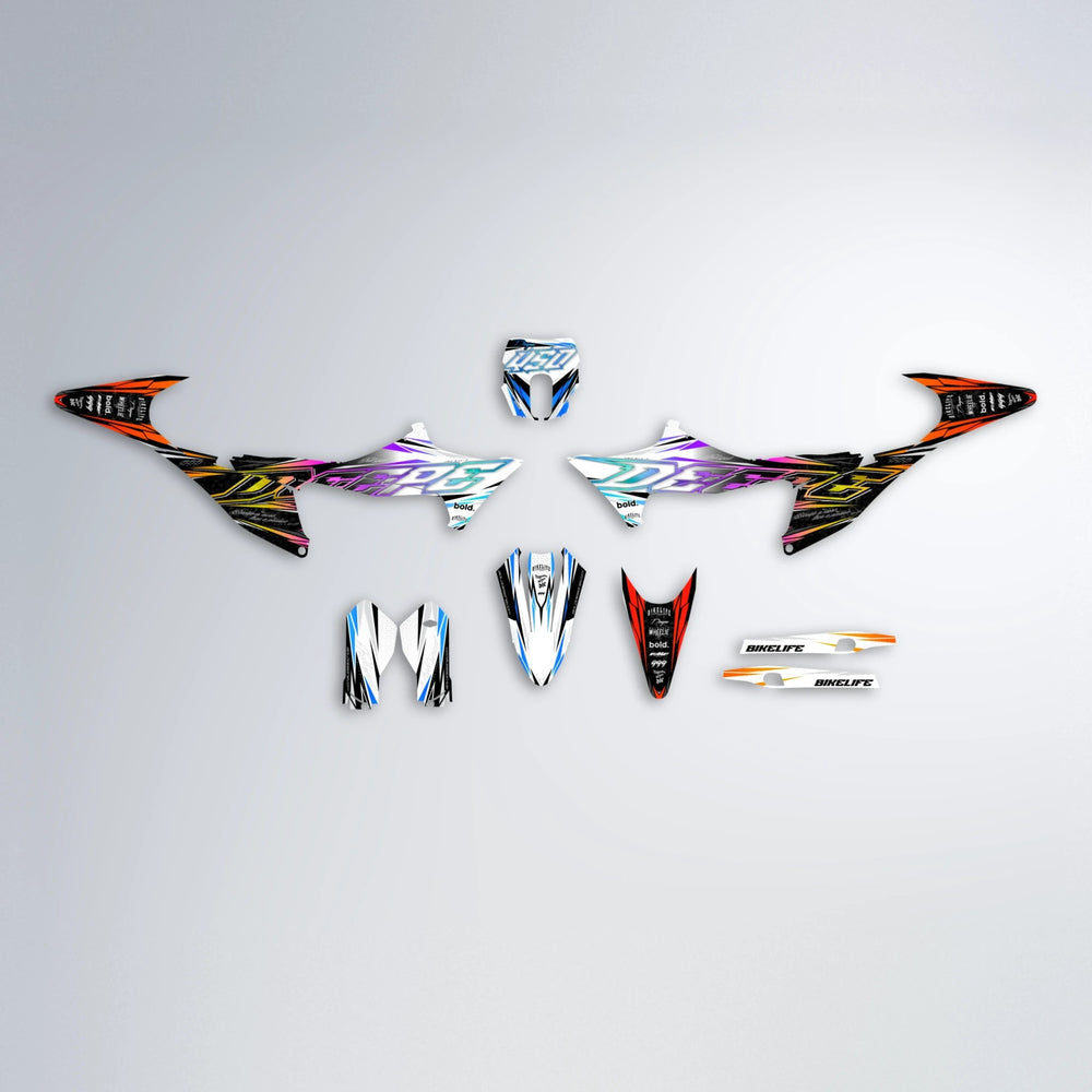 DEEPE V2 Stark Varg MX graphics kit parts layout in Sunset Fade