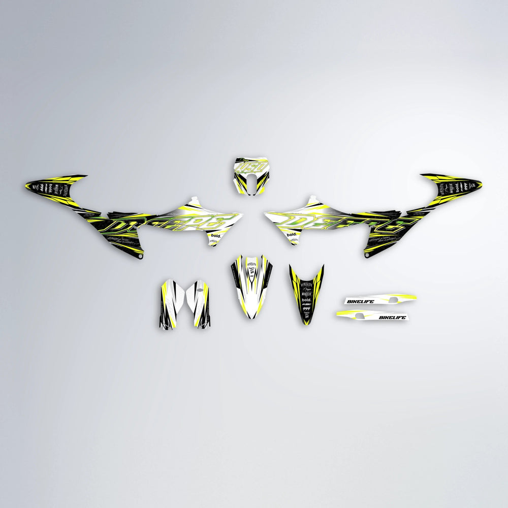 DEEPE V2 Stark Varg MX graphics kit parts layout in Yellow