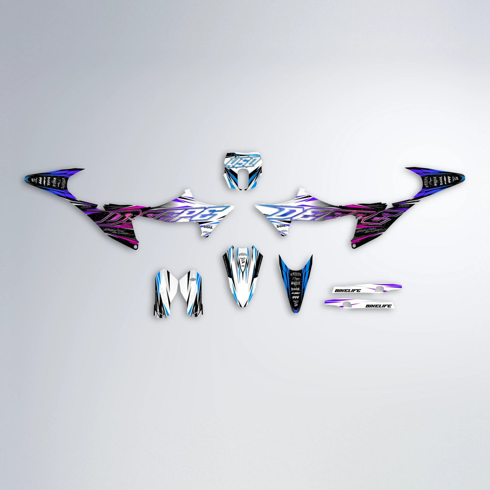 DEEPE V2 Stark Varg SM graphics kit parts layout in Blue Purple Fade