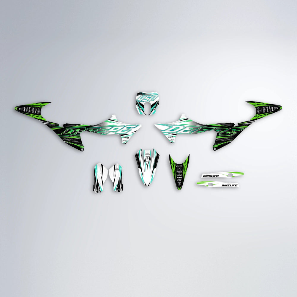 DEEPE V2 Stark Varg SM graphics kit parts layout in Cyan & Green