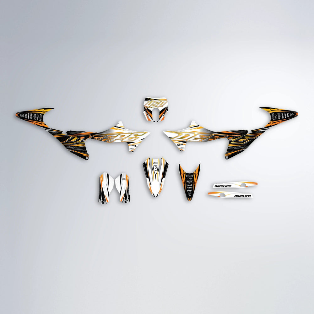 DEEPE V2 Stark Varg SM graphics kit parts layout in Orange & Yellow