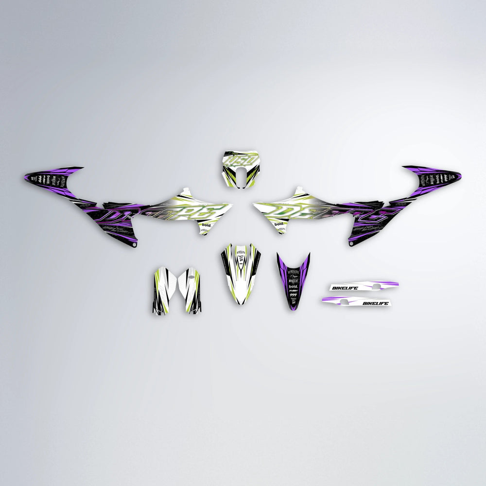 DEEPE V2 Stark Varg SM graphics kit parts layout in Purple & Yellow