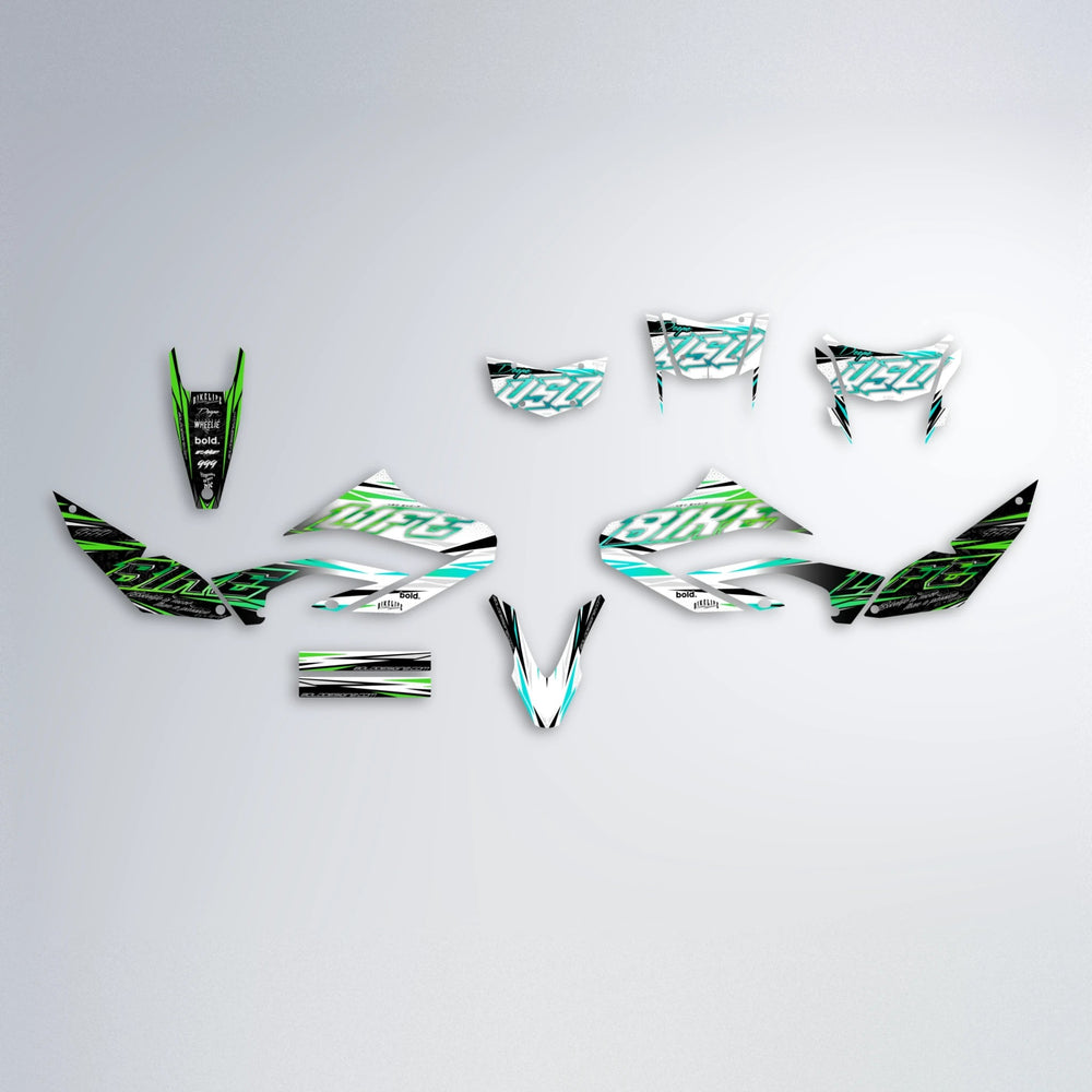 DEEPE V2 Yamaha WR 125X graphics kit parts layout in Cyan & Green
