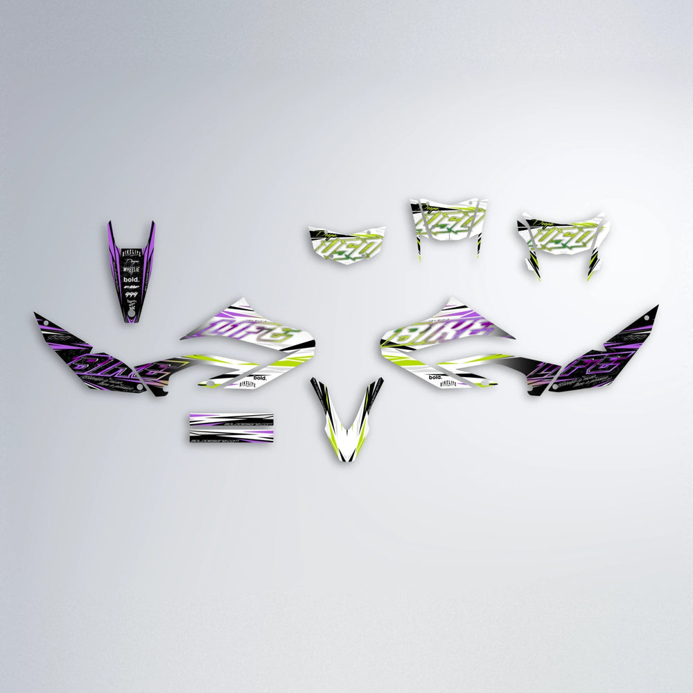 DEEPE V2 Yamaha WR 125X graphics kit parts layout in Purple & Yellow