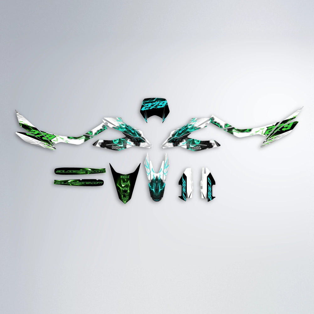 DERAGON Aprilia SX 125 graphics kit parts layout in Cyan & Green