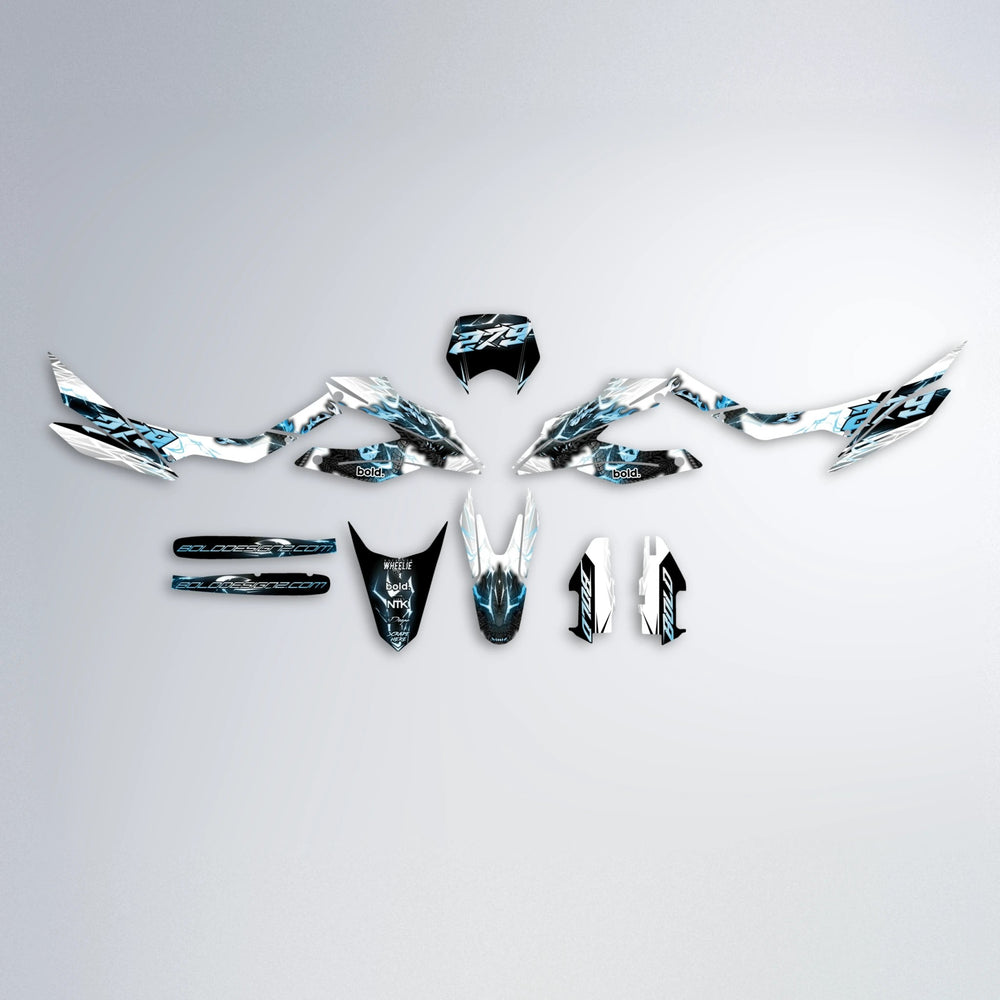 DERAGON Aprilia SX 125 graphics kit parts layout in Light Blue & White