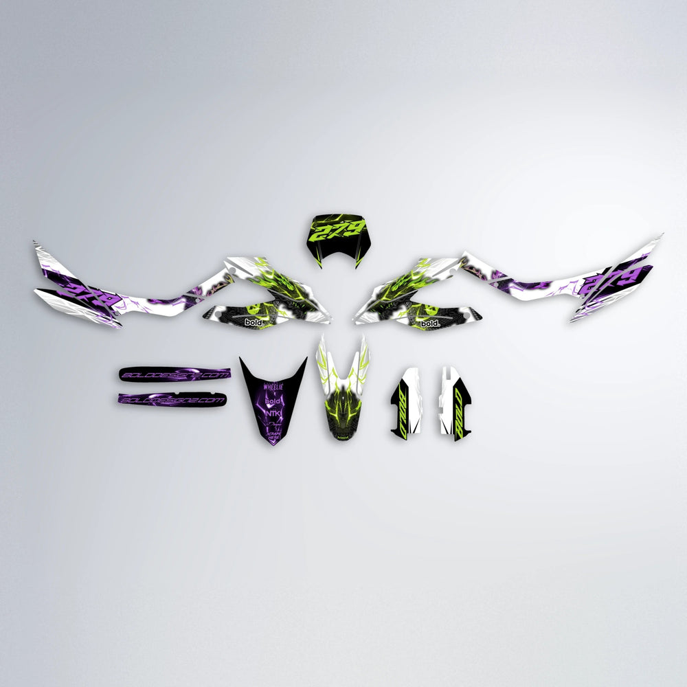 DERAGON Aprilia SX 125 graphics kit parts layout in Purple & Yellow