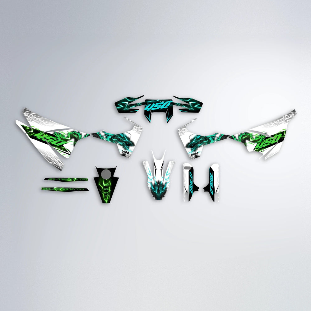 DERAGON Husqvarna 701 graphics kit parts layout in Cyan & Green