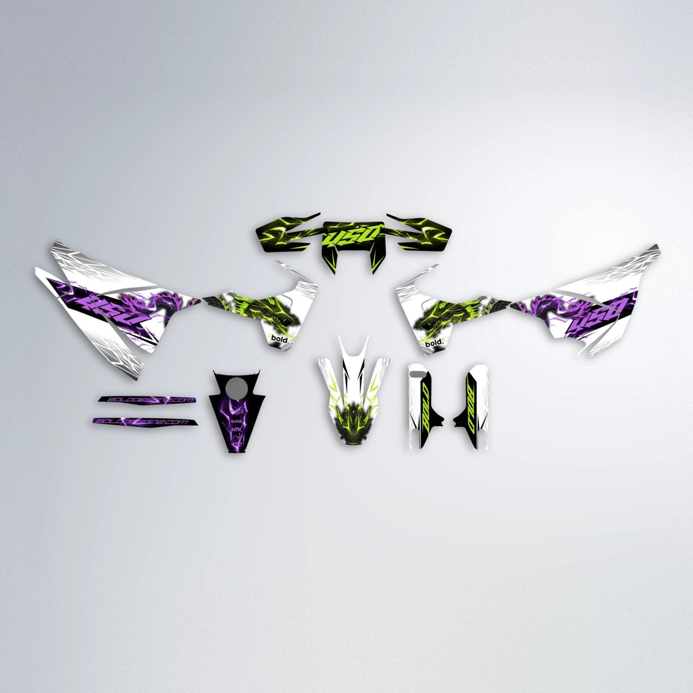 DERAGON Husqvarna 701 graphics kit parts layout in Purple & Yellow