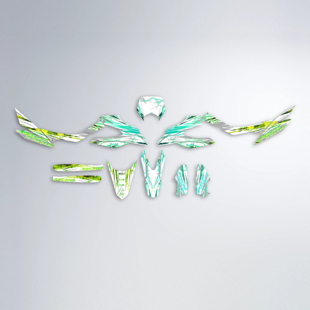 DIVINE Aprilia SX 125 graphics kit parts layout in Cyan & Green