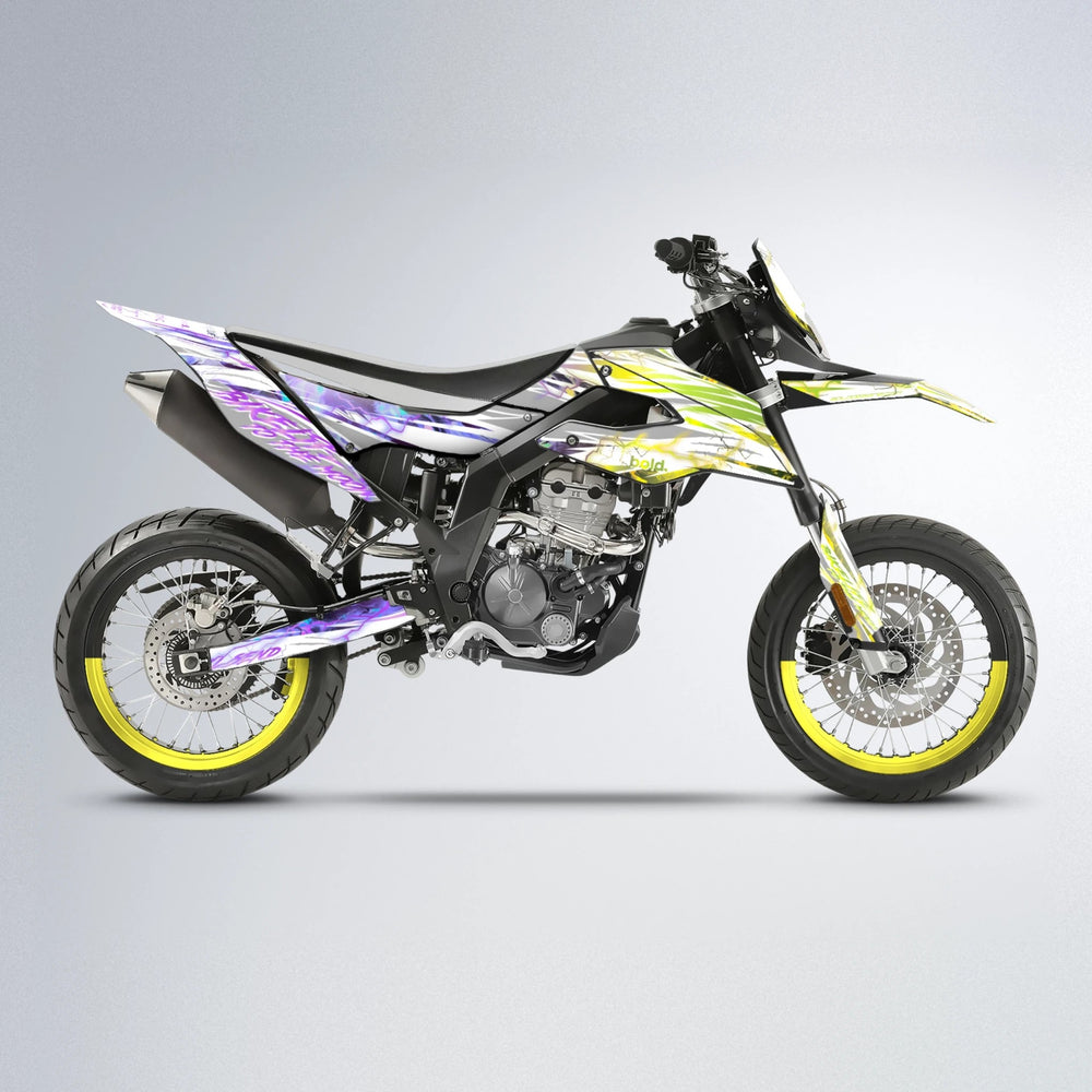 DIVINE Aprilia SX 125 supermoto graphics kit in Purple & Yellow