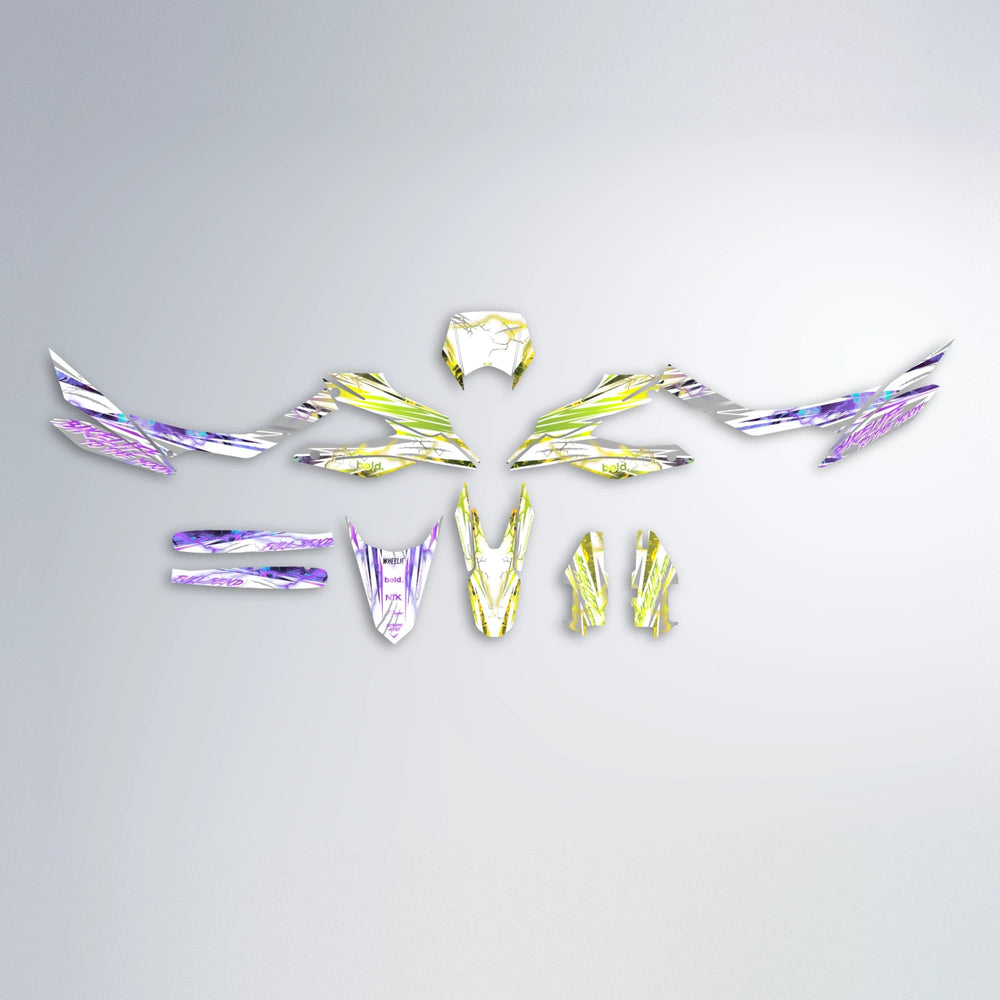 DIVINE Aprilia SX 125 graphics kit parts layout in Purple & Yellow