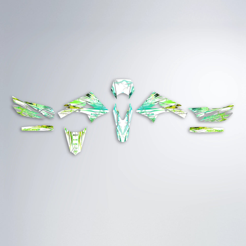 DIVINE Derbi Senda graphics kit parts layout in Cyan & Green