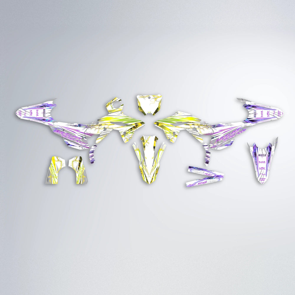 DIVINE Honda graphics kit parts layout in Purple & Yellow