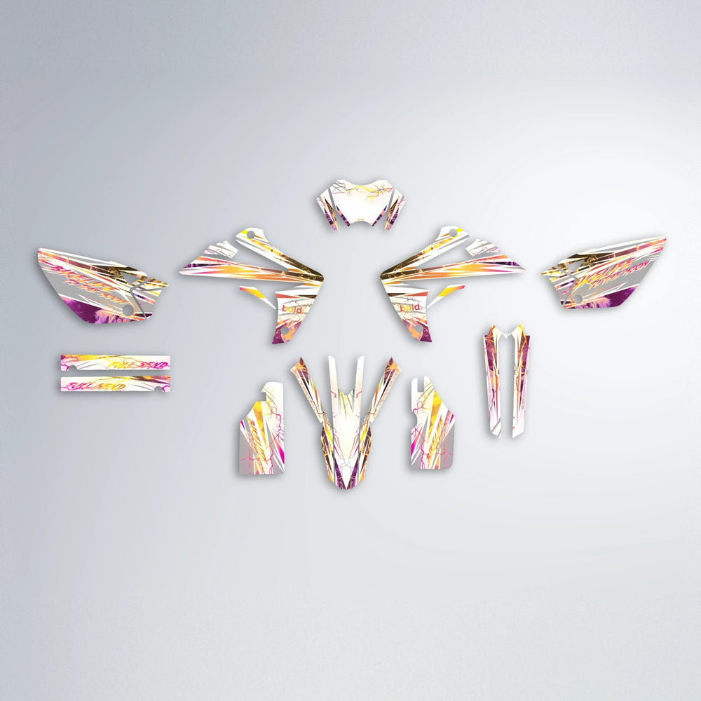 DIVINE Rieju MRT graphics kit parts layout in Pink & Yellow