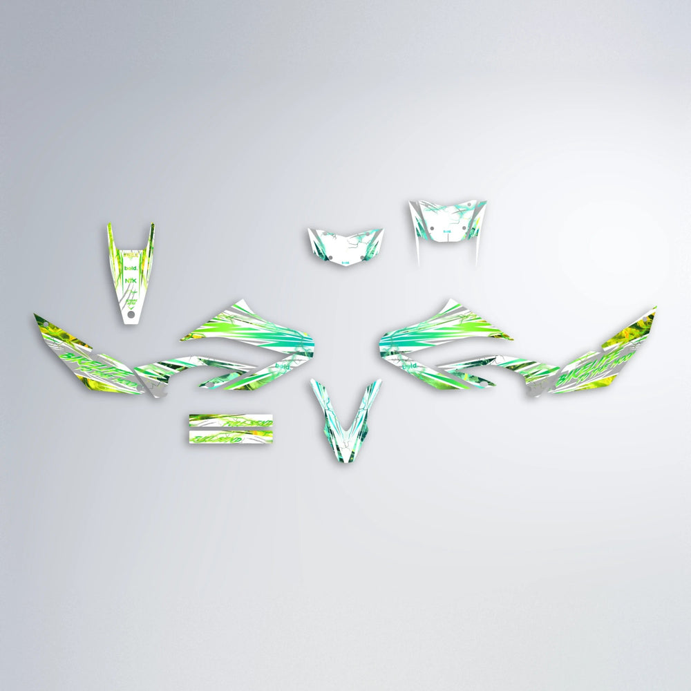DIVINE Yamaha WR 125X graphics kit parts layout in Cyan & Green