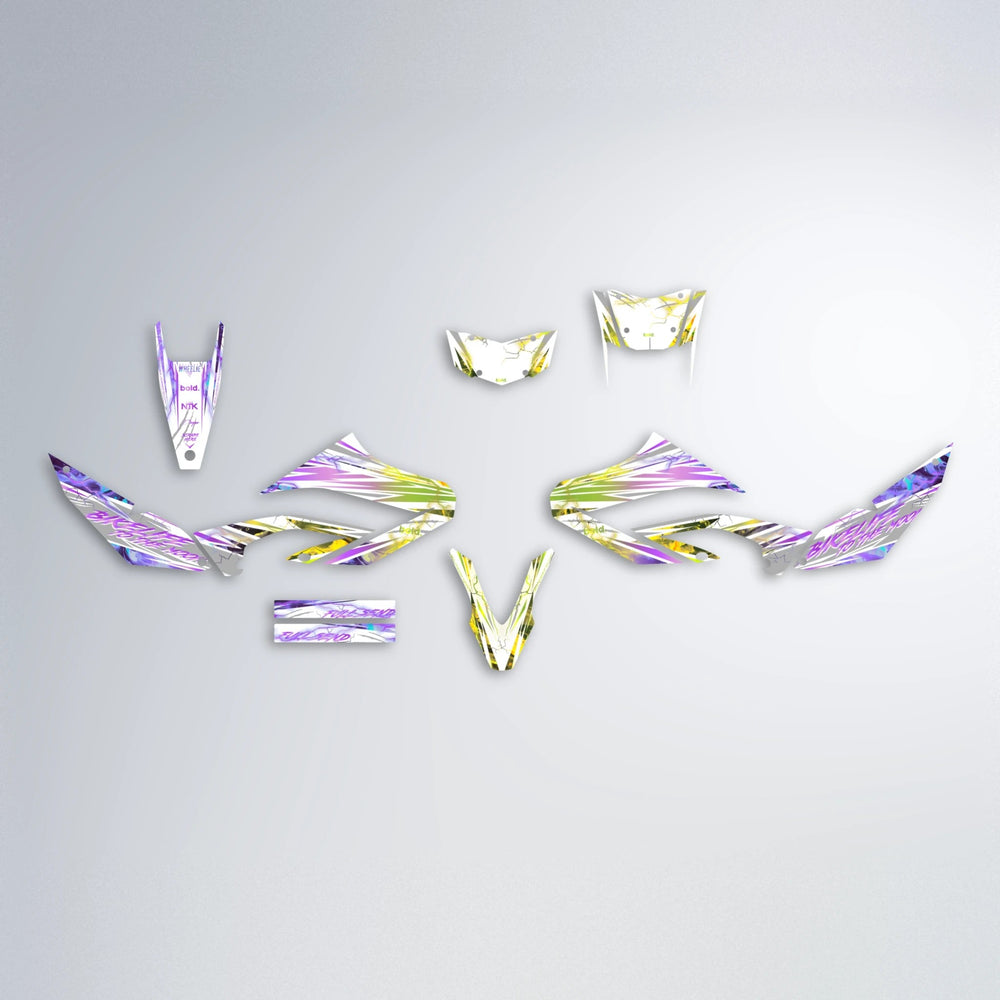 DIVINE Yamaha WR 125X graphics kit parts layout in Purple & Yellow