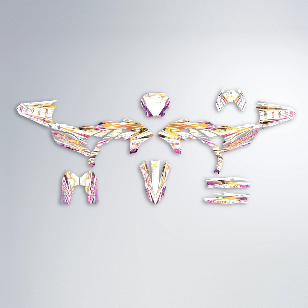 DIVINE Yamaha YZF MX graphics kit parts layout in Pink & Yellow